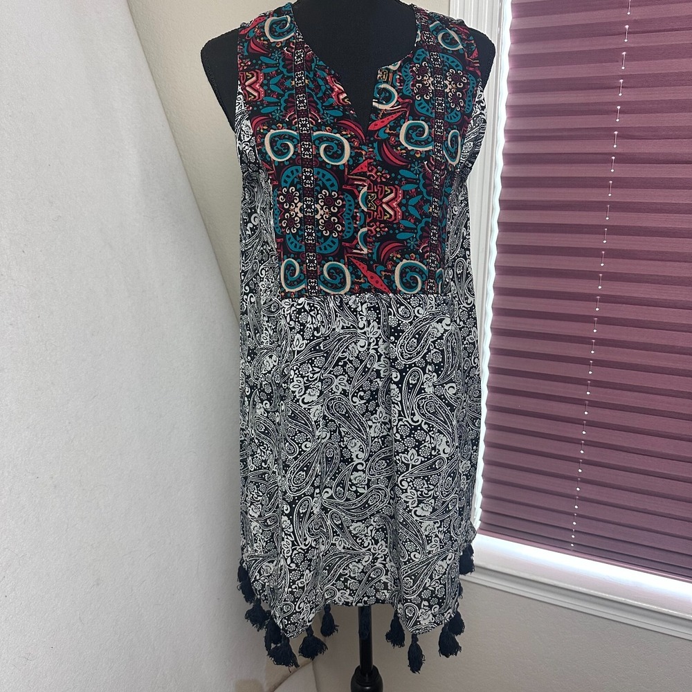 Avani del Amor Womens Large Paisley Medallion Tassel Sleeveless Boho Dress Black